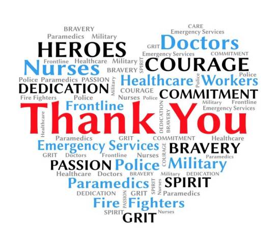 Please join ChandCare Health Solutions in thanking our essential workers who serve and give back to keep our communities safe - image of heart with names of all the types of essential workers from paramedics to nurses, military and firefighters, and more